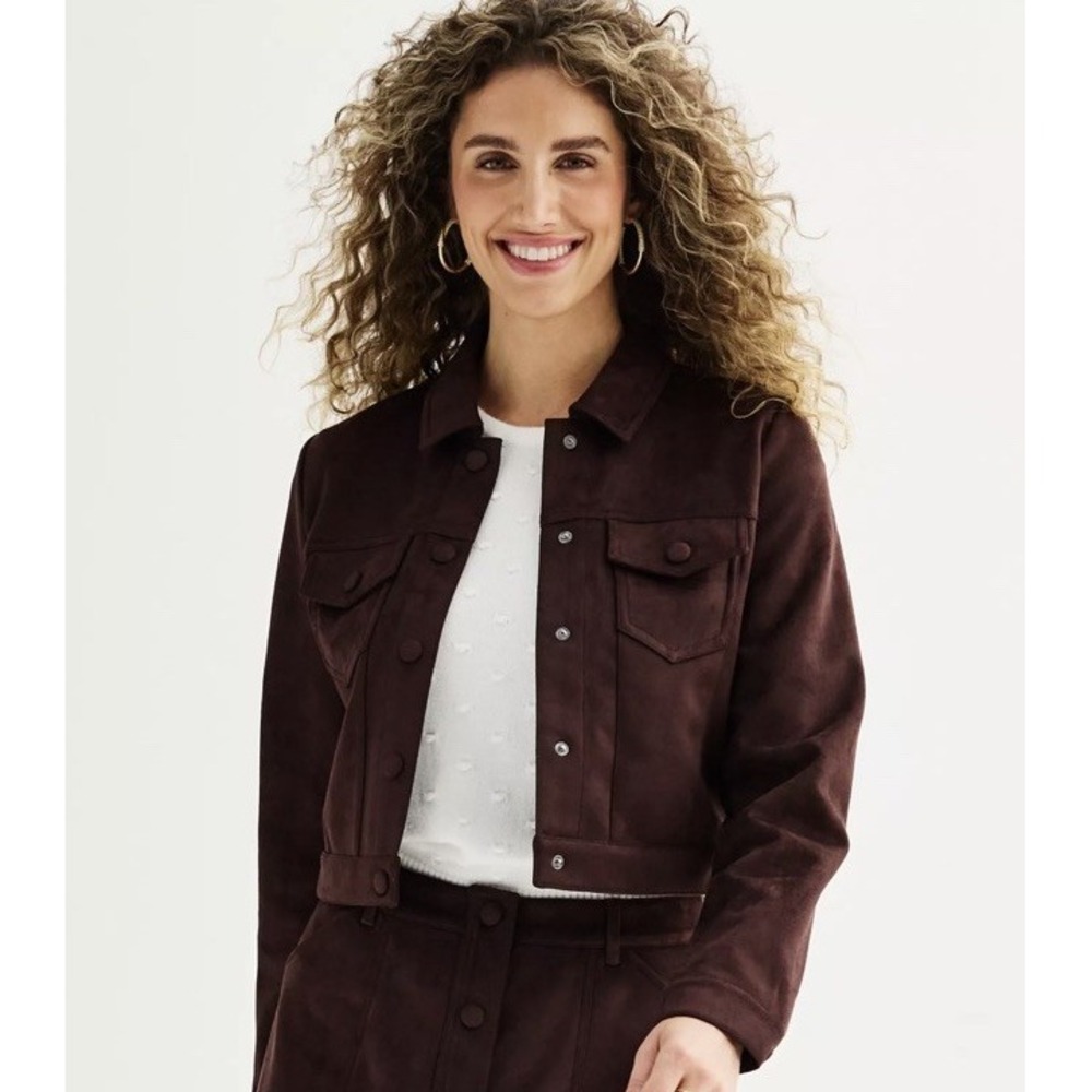 New Draper James Cropped Faux Suede Jacket Brown Women's Large Stretch Moto